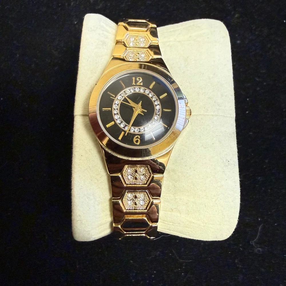 Allude Gold Tone Rhinestone Watch Quartz Japan‎ Y2K Vintage Style WORKS